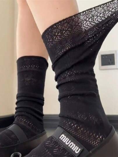 1 Paio Di Calzini Alla Caviglia Neri Con Pizzo Texturizzato, Calzini Morbidi E Versatili Di Nuovo Stile Estivo