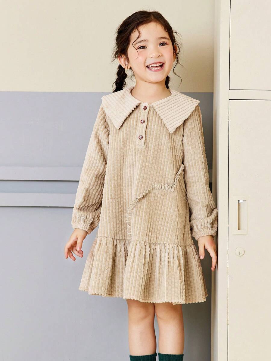 mini bala Vestido tipo cuello sport estilo universitario para niñas jóvenes - Diseño adorable de otoño en beige