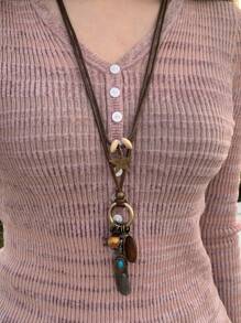 1pc Turquoise Feather Pendant Necklace For Women, Vintage Style Brown Beaded Wax Cord Necklace