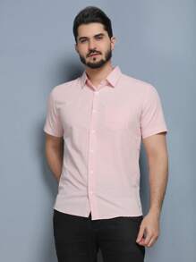 Camisa social masculina manga curta estampa com bolso de Algodão 61 ,poliester39  - camisa fresca - Confortável - Rosa Bebê - Visão 1