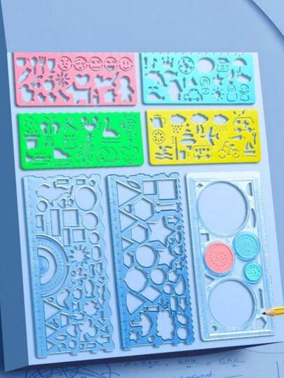 7 قطع/مجموعة قالب مسطرة متعددة الوظائف، قالب مسطرة بنمط هندسي وحيواني لرسم DIY والحرف والتجميع، أشكال وألوان متنوعة، عودة إلى المدرسة