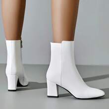 Women's GoGo Ankle Boots Square Toe Side Zipper Chunky Block Heel Mid Calf Low Heeled Short Booties - 白色 - 查看 3