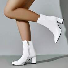 Women's GoGo Ankle Boots Square Toe Side Zipper Chunky Block Heel Mid Calf Low Heeled Short Booties - 白色 - 查看 2
