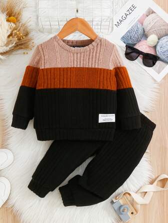 2 piezas Conjunto casual diario para niño bebé: Top de cuello redondo de punto de manga larga y pantalones de unicolor