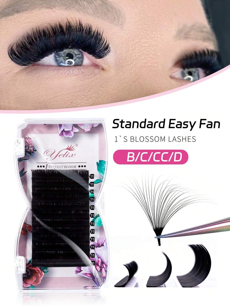 yelix 12 排简易扇形睫毛延长手工制作扇形快速绽放标准俄罗斯睫毛 B/C/CC/D 卷曲 0.05/0.07 毫米厚度睫毛簇、睫毛簇、单根睫毛、睫毛、假睫毛