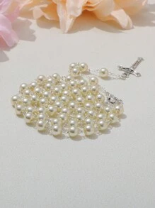 1pc White Glass Beaded Handmade Necklace With Pearl, Virgin Mary & Jesus Cross Pendant Decoration