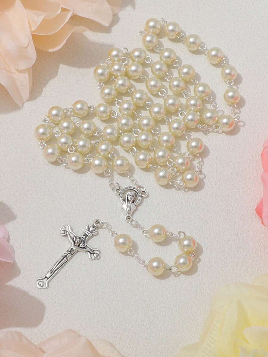 1pc White Glass Beaded Handmade Necklace With Pearl, Virgin Mary & Jesus Cross Pendant Decoration