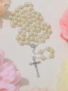 1pc White Glass Beaded Handmade Necklace With Pearl, Virgin Mary & Jesus Cross Pendant Decoration