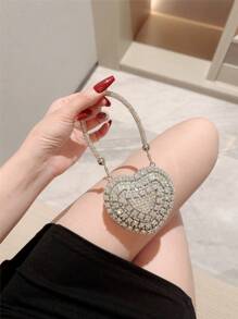 1pc Glittering Cute Mini Rhinestone Heart Shaped Clutch Bag, Luxury High-End Sparkling Tassel Rhinestone Handbag For Party/Wedding, Suitable For Valentine's Day Gift, Date, Limited Space, Party Bags, Perfect For Party, Wedding, Prom, Dinner/Banquet, Heart Purse, Perfectly Match With Valentine Day Dress, Glamorous Rhinestone Bag
