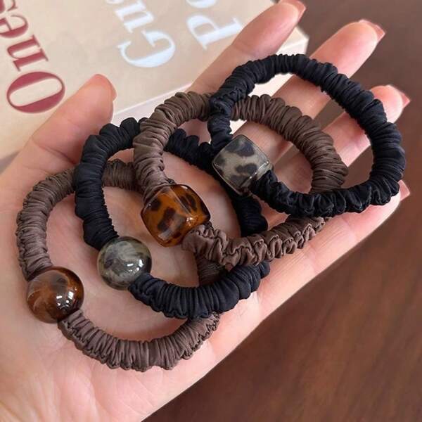 4pcs Leopard Print Elegant ABS Elastic Hair Ties, Ponytail Holders, Hair Accessories, Won't Damage Hair, Suitable For Any Season Hair Rope