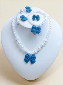 5 件/套女孩可爱蝴蝶结吊坠项链、手链、耳环、戒指首饰套装，迷人串珠儿童首饰，适合女孩生日派对礼物 - 藍色 - 查看 6