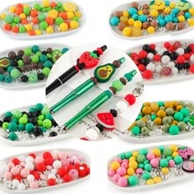55Pcs/Bag Fruit Flower Cactus Silicone Focal Beads Round Beads Silicone Lentil Beads Set Use For Beadable Pen Keychain DIY Handmade Accessories