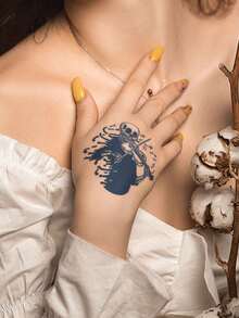 Fine Line Temporary Tattoos With Herbal Fruit Juice, Personalized Skull Playing Violin Design, Suitable For Music Festivals, Daily Parties, Holidays, Gifts, Shoulder, Neck, Hand, Arm, Leg, Collarbone, Waist, Back, Body, Semi-Permanent, Waterproof, Non-Reflective, 1 Sheet - Blue - View 3