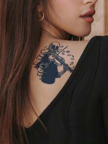 Fine Line Temporary Tattoos With Herbal Fruit Juice, Personalized Skull Playing Violin Design, Suitable For Music Festivals, Daily Parties, Holidays, Gifts, Shoulder, Neck, Hand, Arm, Leg, Collarbone, Waist, Back, Body, Semi-Permanent, Waterproof, Non-Reflective, 1 Sheet - Blue - View 4