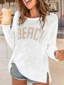 New Women Casual Fashion Long Sleeve Letter Loose Knitted Pullover Sweater Beach Wear Round Neck Long Sleeve Semi-Transparent Knitted Sweater, Beach Resort Contrast Color Letter, White Long Sleeve Knitted Sweater, Beach, Resort