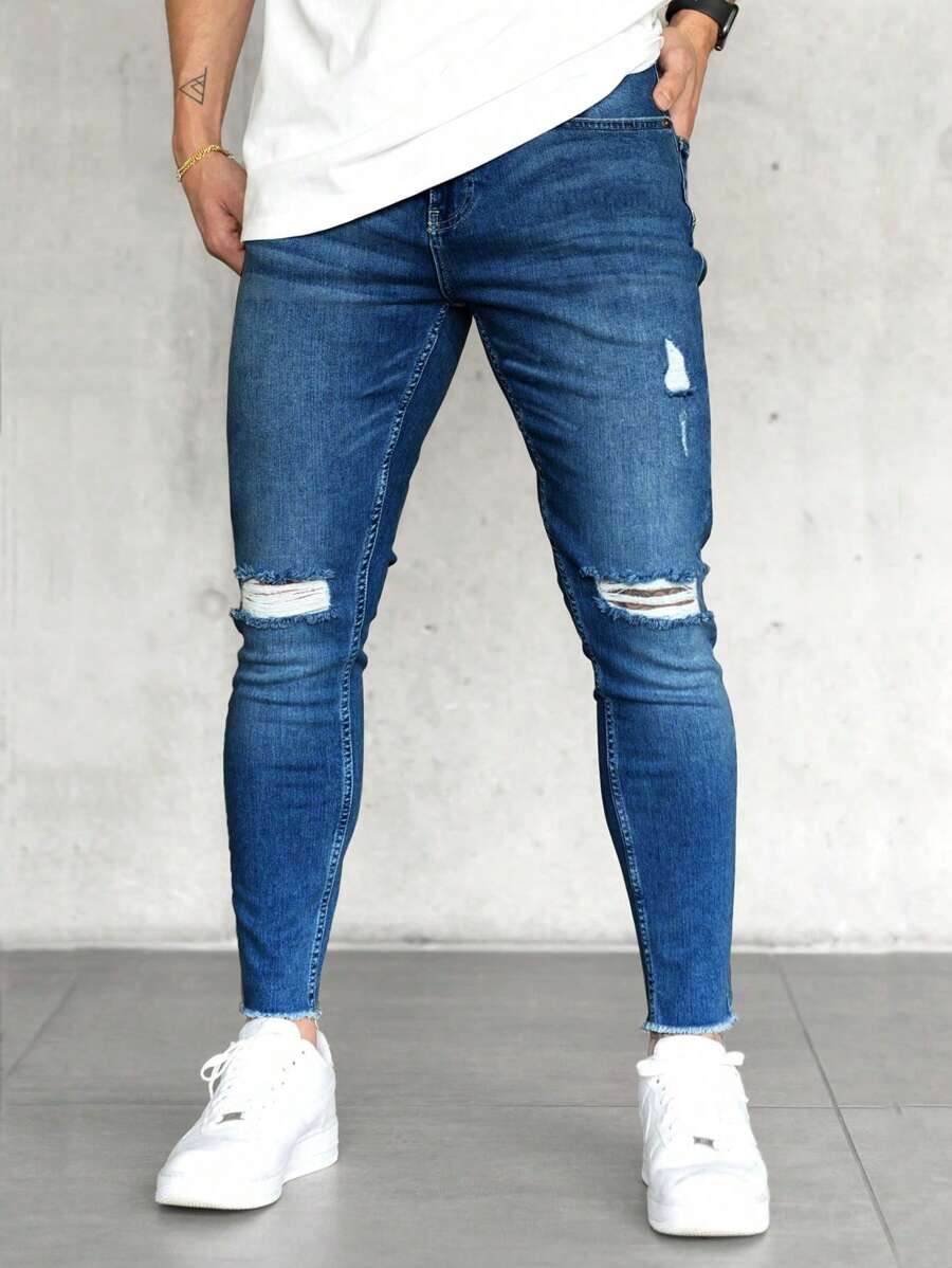 Men Ripped Skinny Jeans - Dark Wash - View 1