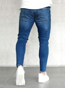 Men Ripped Skinny Jeans - Dark Wash - View 2