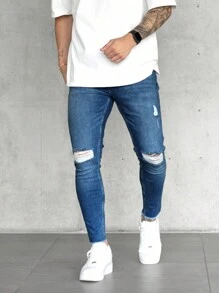Men Ripped Skinny Jeans - Dark Wash - View 3