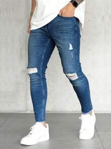 Men Ripped Skinny Jeans - Dark Wash - View 4