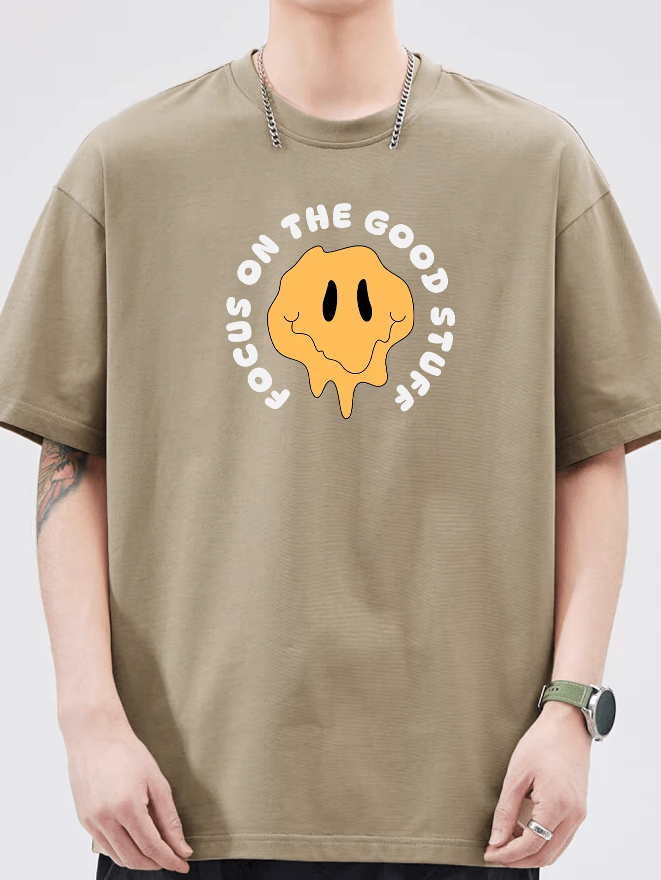 Oversized T-Shirt Unisex Streetwear 100% Cotton Printed Shirt - Màu Khaki - Xem 1