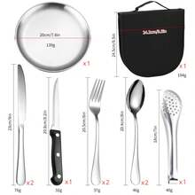 Two Sets Of Stainless Steel Outdoor Camping Cutlery Sets - Including Forks, Spoons, Knives, Chopsticks, Food Clips, Plates - Portable Cutlery Bags, Totaling 20pcs - màu đen - Xem 2