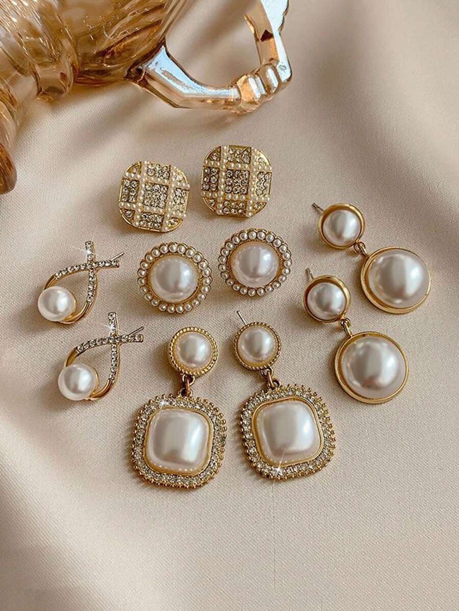5pcs/Set Rhinestone & Faux Pearl Geometric Square Shape Tassel Stud Earrings Set For Women
