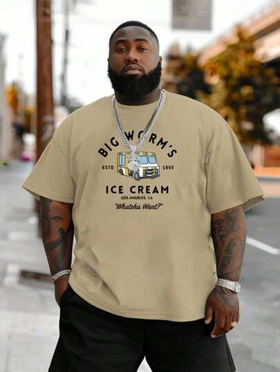 Plus Size Men Slogan & Bus Graphic Print Round Neck Short Sleeve Casual T-Shirt