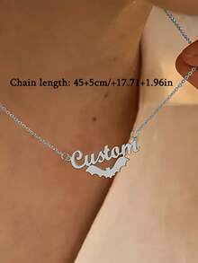 Personalized Name Necklace,Stainless Steel Bat Pendant Necklace,Customized Name Letter Necklace Halloween Jewelry Accessories,Holiday Halloween Decoration Celebration Gifts,Customized Halloween Gifts For Family And Friends - Silver - View 4