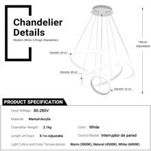 LED Ceiling Light 3 Ring Three-Color Dimming Adjustable Pendant Decorative For Home Living Room Bedroom - White - View 3