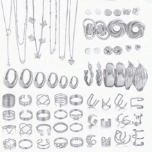 68 件时尚珍珠、心形、花朵和蝴蝶装饰首饰套装，适合女性日常佩戴、约会/度假礼物 - 銀色 - 查看 8