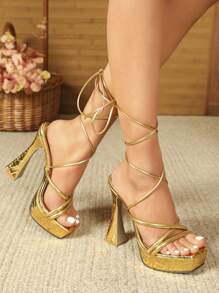 Giày sandal cao gót đế vuông dày dặn, quai chéo, kiểu dáng La Mã sang trọng, cổ điển dành cho nữ mùa xuân/hè. - Vàng - Xem 1