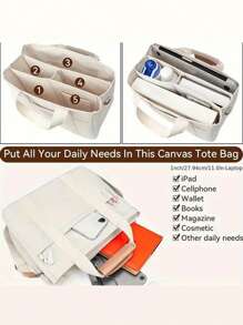 New Fashion Large Capacity Women Tote Bag, Multi-Pocket Casual Shoulder Crossbody Handbag, Canvas Material, Versatile Mother/ Bag With Detachable Inner Pouch And Color Block - Beige - View 4