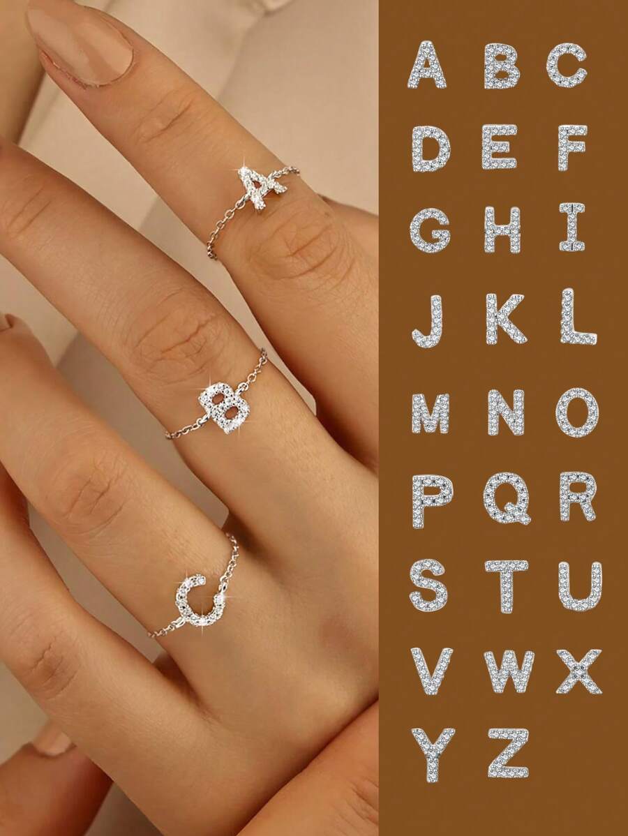 ESBERRY 1枚s925純銀字母a-y可調節戒指,女士個性化飾品精緻首飾生日禮物 - 銀色 - 查看 1