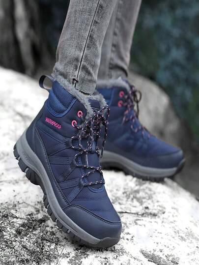 Stivali da neve da donna con punta rotonda, allacciati, comodi, con fodera termica, adatti per escursioni all'aperto