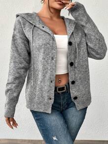 Cárdigan de mujer talla grande, unicolor con capucha, botones y cordón, manga larga, suéter ligero de punto casual, para invierno