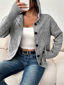 Cárdigan de mujer talla grande, unicolor con capucha, botones y cordón, manga larga, suéter ligero de punto casual, para invierno