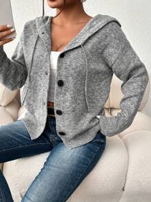 Cárdigan de mujer talla grande, unicolor con capucha, botones y cordón, manga larga, suéter ligero de punto casual, para invierno