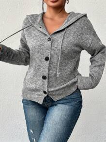 Cárdigan de mujer talla grande, unicolor con capucha, botones y cordón, manga larga, suéter ligero de punto casual, para invierno