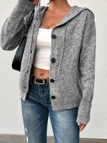 Cárdigan de mujer talla grande, unicolor con capucha, botones y cordón, manga larga, suéter ligero de punto casual, para invierno
