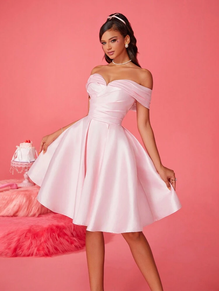 New Off-Shoulder Women Elegant Ball Gown Party Dress, Semi Formal Prom Dress, For Birthday, Wedding Guest, Graduation Homecoming - Pink - View 7