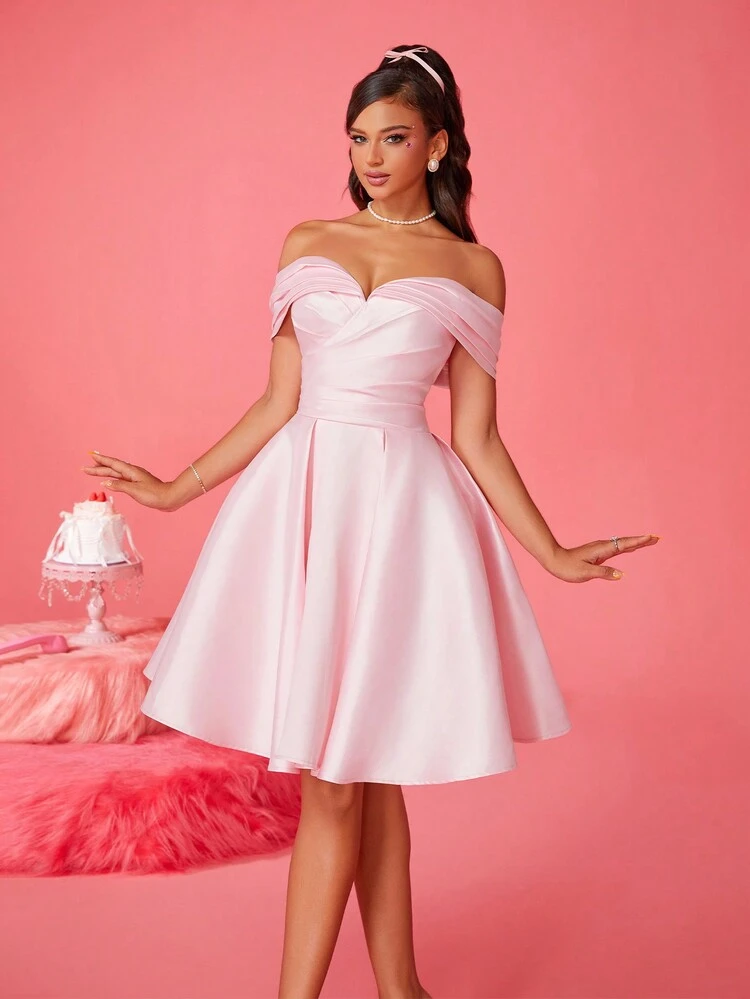 New Off-Shoulder Women Elegant Ball Gown Party Dress, Semi Formal Prom Dress, For Birthday, Wedding Guest, Graduation Homecoming - Pink - View 6