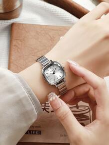 1 件优雅时尚条形刻度表盘竹表带石英表，适合生日、万圣节、礼物 - 銀色 - 查看 5