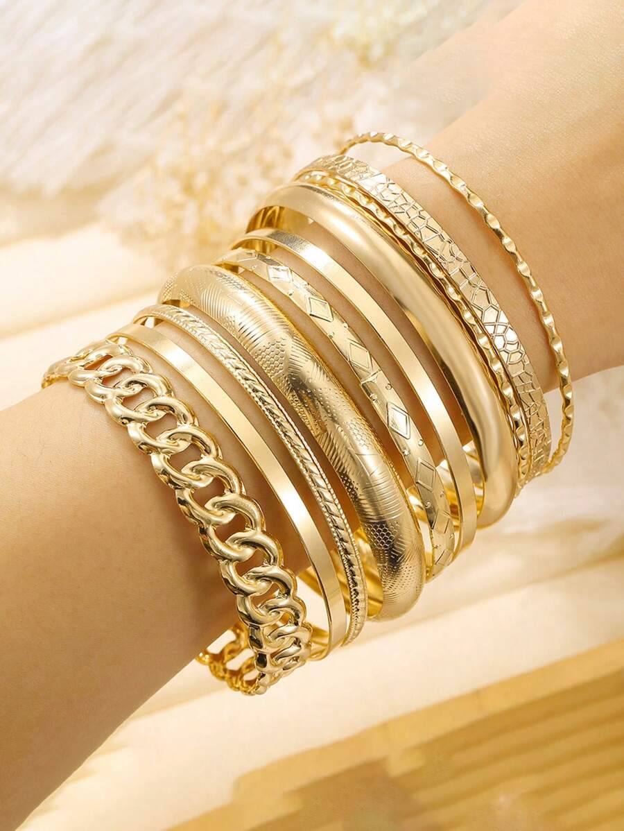 10pcs Alloy Bangles Set For Women, Vintage Wide Cuff Bangle, Golden Glossy Bangles Bracelets Jewelry - Gold - View 1