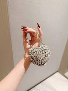 1pc Glittering Cute Mini Rhinestone Heart Shaped Clutch Bag, Luxury High-End Sparkling Tassel Rhinestone Handbag For Party/Wedding, Suitable For Valentine's Day Gift, Date, Limited Space, Party Bags, Perfect For Party, Wedding, Prom, Dinner/Banquet, Heart Purse, Perfectly Match With Valentine Day Dress, Glamorous Rhinestone Bag