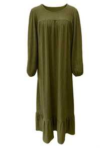 Vestido midi de manga larga, con volantes en el bajo, mangas abullonadas y bolsillos, estilo vintage, para primavera y otoño - Verde militar - Ver 3