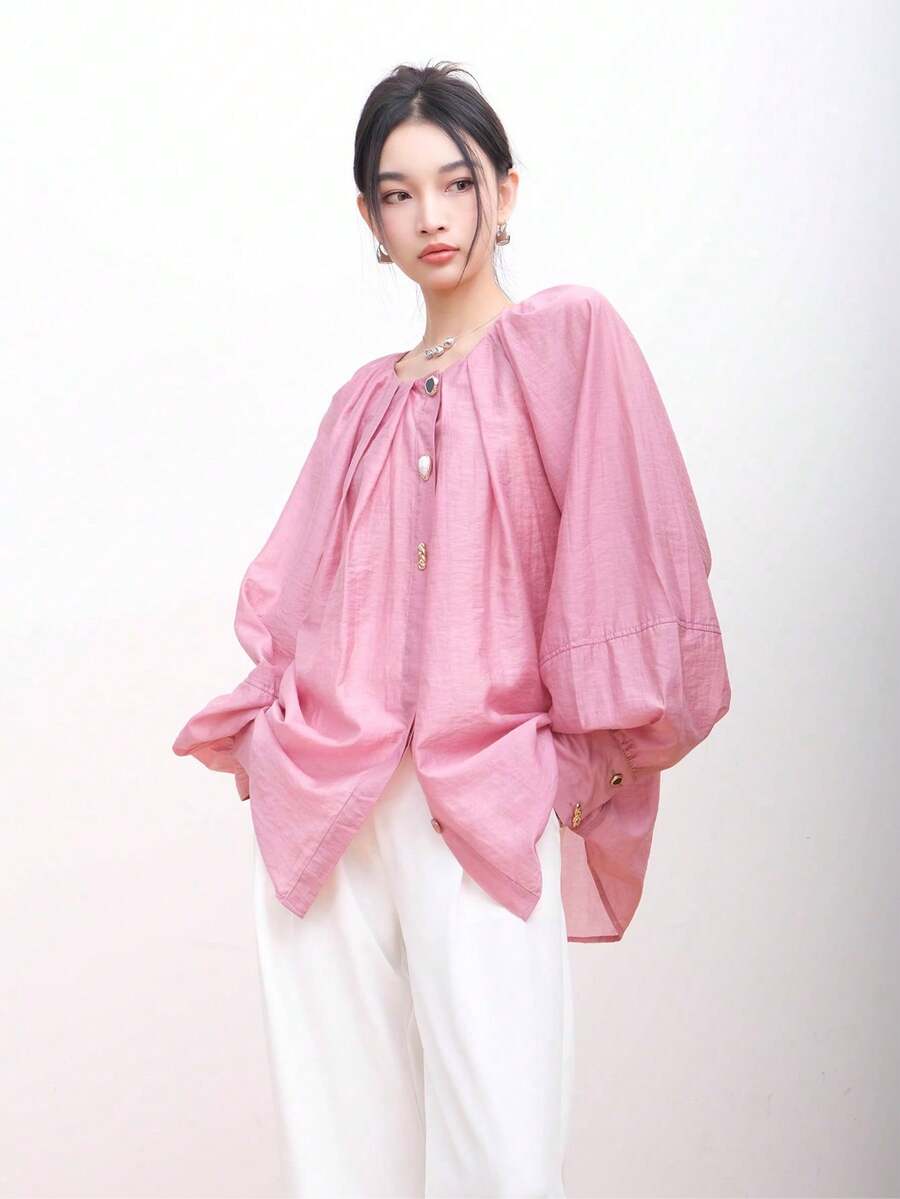 Bluzka damska z rękawem do łokcia, wyjątkowy design, słodka elegancja, wysokiej jakości koszula - Wrzosowy - Zobacz 1