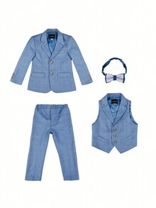 4 piezas Conjunto de traje de cuadros azules para niños jóvenes: blazer, chaleco, pantalones, corbata de moño - Ropa formal para niños para boda, actuación en el escenario, otoño - Azul - Ver 5