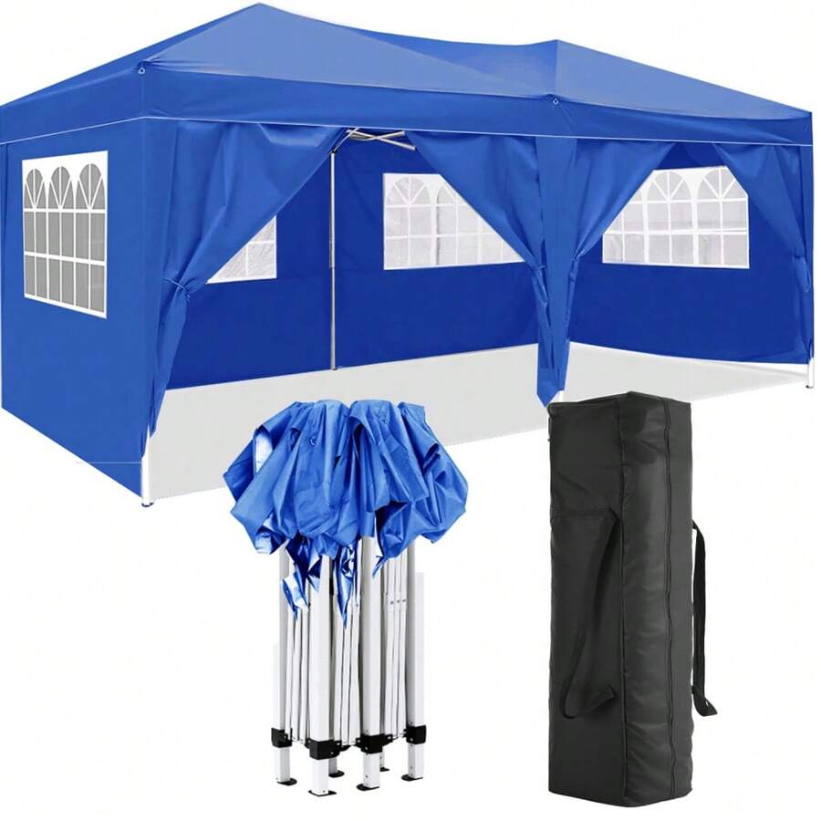 10'x20' Folding Canopy With 6 Removable Sidewalls Outdoor Event Shelter UPF 50+ Gazebo Portable Tents For Parties Beach Camping Wedding EZ Pop Up Canopy - Blue + Metal-2 - View 1
