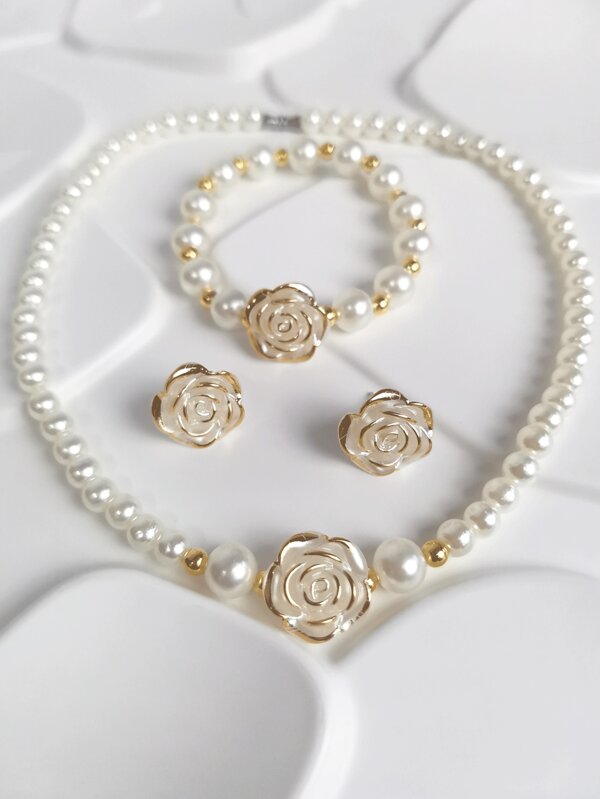 1 Set Elegant Romantic Flower Faux Pearl Design Necklace, Bracelet, Earrings 4pcs Jewelry Suits For Women, Girls, Students, Office Ladies, Everyday Wear, Party, Dating, Gift Valentines,Mom,Mother,Mother's Day,Gift