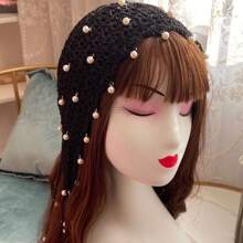 1 件春夏手工帽子女士珍珠流苏钩针帽复古镂空发髻帽百搭头巾帽 - A - 查看 11
